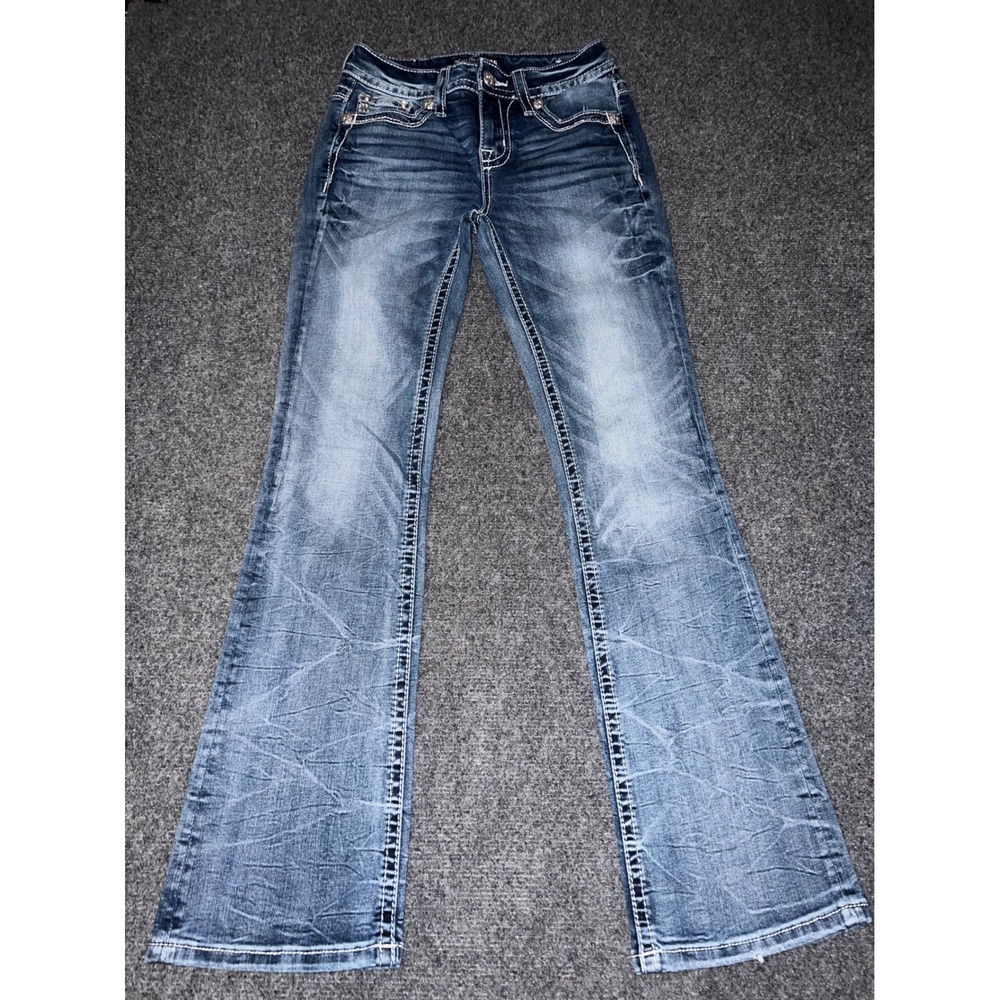 Miss Me Mid Rise Bootcut Jeans Size 25 Blue Distressed E3714B3S